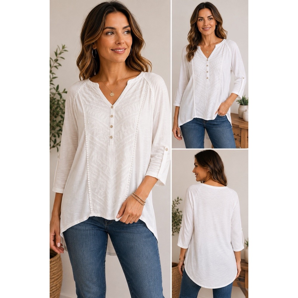 Democracy Women's White Embroidered Henley Tunic Top 3/4 Sleeve Hi Low Hem XL